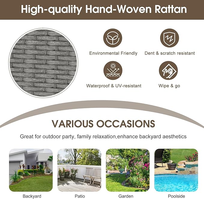 kinbor Outdoor Sectional Furniture - Outdoor Patio Conversation Sets, 7 Pieces Outdoor Sectional Sofas with Swivel Rocking Chair, Brown Wicker Rattan Patio Furniture Set, Khaki