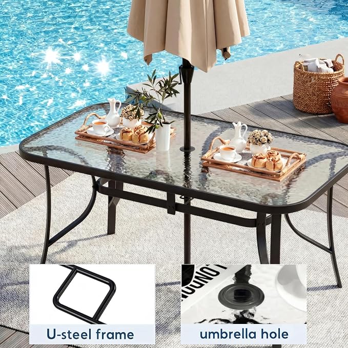 Arlopu 7-Piece Outdoor Table and Chairs for 6, Outdoor Dining Set W/Rectangle Glass Table and 6 Patio Textilene Stackable Chairs, Patio Furniture Set W/Umbrella Hole (Black Table & Grey Chair)