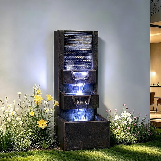 23.6 Inch Outdoor Water Fountain with LED Lights 3 Tier Cascading Waterfall Modern Resin Garden Fountain for Patio Balcony Yard Zen Relaxing Water Feature