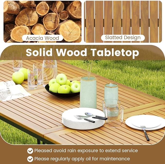 HAPPYGRILL Patio Dining Table for 8, 79" Rectangle Table with Acacia Wood Tabletop & Heavy Duty Metal Frame, Outdoor Dining Table with 2" Umbrella Hole for Backyard, Lawn & Garden