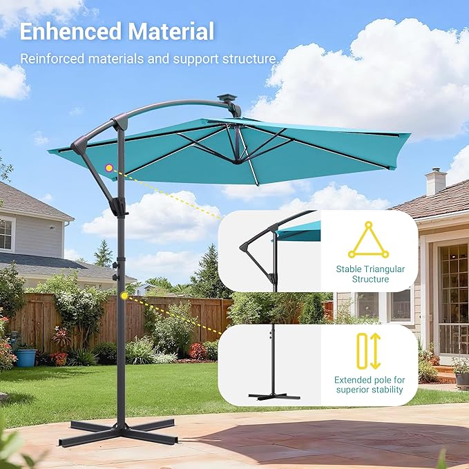 10ft Offset Patio Umbrella with Solar Light Strips,Outdoor Cantilever Hanging Umbrella with Cross Base, Fade Resistant Recycled Fabric, for Pool, Deck, Garden,Backyard,
