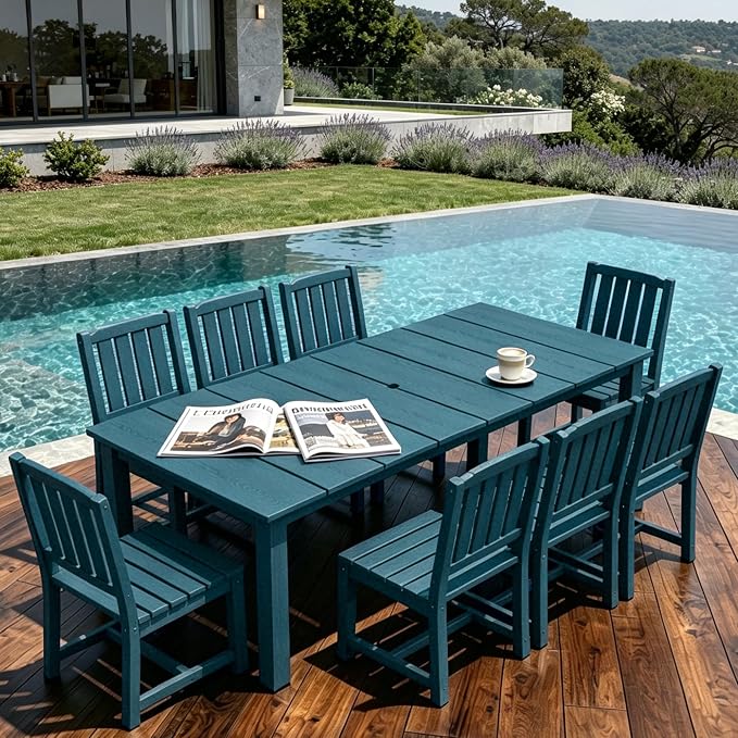 AreShark 9-Piece Outdoor Dining Set,HDPE Patio Table with 8 Chairs,All-Weather Patio Furniture Set with Umbrella Hole,Low Maintenance Wood Grain Dining Set for Backyard,Garden,Poolside,Navy Blue