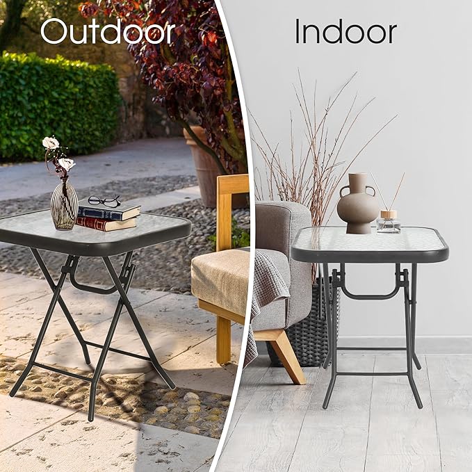 HOMEFUN Outdoor Side Tables Square Folding Patio End Table with Tempered Glass Tabletop, Portable Bistro Coffee for Porch Yard, Balcony, Garden, Deck Poolside, Transparent Glass