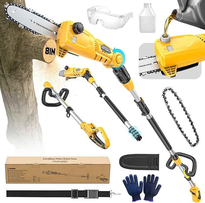 Ecarke Electric Pole Saw Compatible with Dewalt 20V, 16FT Max Total Reach, 8 Inch Detachable Tree Cutter, Electric Chainsaw Trimmer, 26ft/s Cutting Speed Pruner for Branch Pruning (Tool Only)