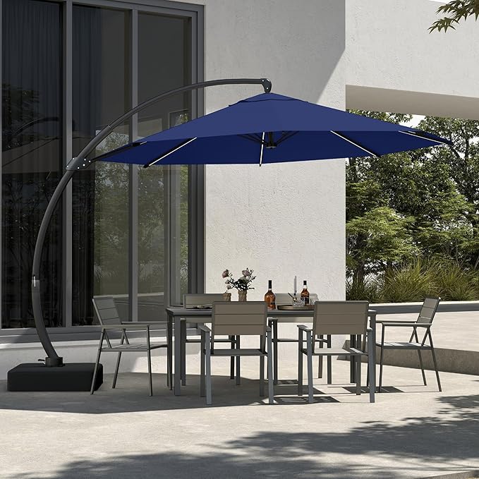 11FT Cantilever Patio Umbrella with Solar LED Lights and Base, 360 Rotating Offset Umbrella with Infinite Tilt, Heavy Duty Aluminum Frame, Outdoor Canopy for Patio, Pool, Backyard, Navy