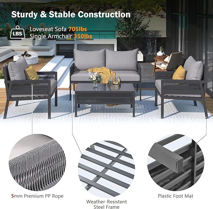 Harper & Bright Designs K&K 4-Piece Rope Patio Furniture Set, Outdoor Furniture with Tempered Glass Table, Patio Conversation Set Deep Seating with Thick Cushion for Backyard Porch Balcony (Grey)