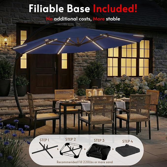 11FT Solar Powered LED Light Cantilever Patio Umbrella with Base Included, Large Cantilever Umbrella with 360°Rotation, Heavy-Duty Offset Outdoor Umbrella for Patio,Pool,Backyard (Navy blue)