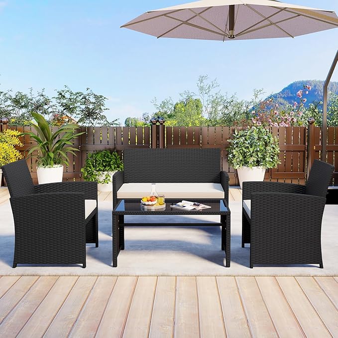 HAPPYGRILL 4 Piece Rattan Wicker Patio Conversation Set, Outdoor Furniture with Chair Loveseat Table & Cushion, for Backyard Porch Balcony (2, Black & Off White)