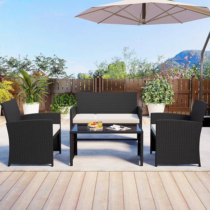 HAPPYGRILL 4 Piece Rattan Wicker Patio Conversation Set, Outdoor Furniture with Chair Loveseat Table & Cushion, for Backyard Porch Balcony (1, Black & Off White)