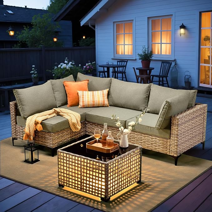 Outdoor Sectional Patio Furniture Set with Glowing Table,5 Pieces Wicker Conversation Sets L Shaped Couch Out Door Sofa Set Outside Furniture for Garden Deck Yard Porch,Dark Grey