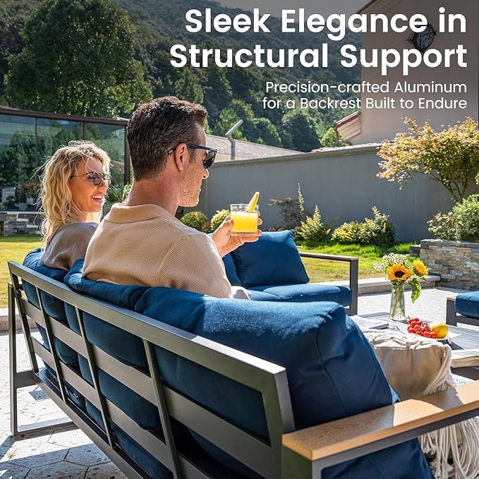 Sundale Outdoor Aluminum Patio Furniture Set, 4 Piece Outdoor Conversation Sets with Coffee Table and Washable Thick Cushions, All Weather Outdoor Sectional Set for Deck, Lawn, Yard (Navy Blue)