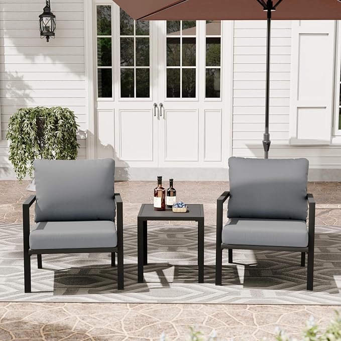 HAPPATIO Aluminum Patio Furniture Set, 3 Pieces Conversation Set with Thick Cushions and Side Table, Waterproof and Rustproof for All Weather, Seating Sofa for Garden, Backyard, Porch, Black