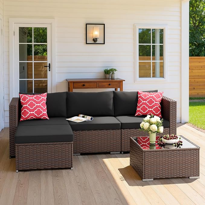 Aiho 5 Pieces Patio Furniture Sets, All-Weather PE Rattan Outdoor Patio Furniture with Cushions and Glass Table, for Garden, Backyard, Porch, Black