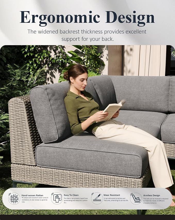 LayinSun 7-Piece Wicker Rattan Patio Furniture Set, Deep Seating Outdoor Modular Sectional Sofa Conversation Set with Thick Cushions for Lawn, Garden