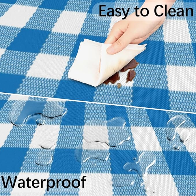 Fitted Round Tablecloth with Umbrella Hole and Zipper Buffalo Plaid Outdoor Elastic Table Cloth 45"-56" Oil-Proof Waterproof Patio Table Cover for Dining Picnic Party, Blue and White