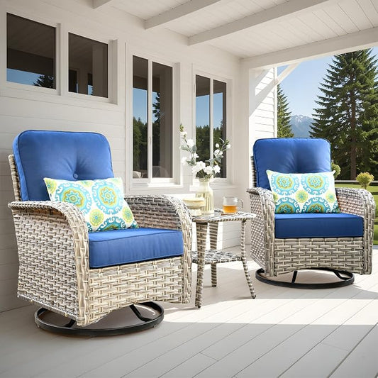 Outdoor Swivel Rocker Patio Chairs,Wicker Glider Swivel Rocking Chair Set of 2,Patio Rocking Swivel Chair Set with Rattan Side Table, Navy Blue