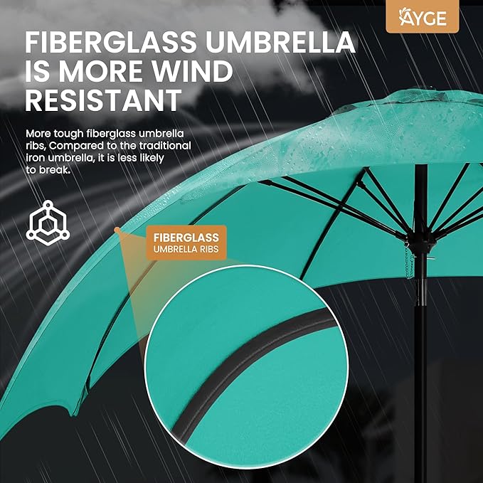 Ayge 7.5FT Large Outdoor Patio Umbrella Market Table Umbrella-UV Resistant, Easy Push Button Tilt and Crank, 6 Sturdy Fiberglass Ribs Heavy-Duty Pool Umbrella for Deck, Backyard,Garden, Yard,Turquoise