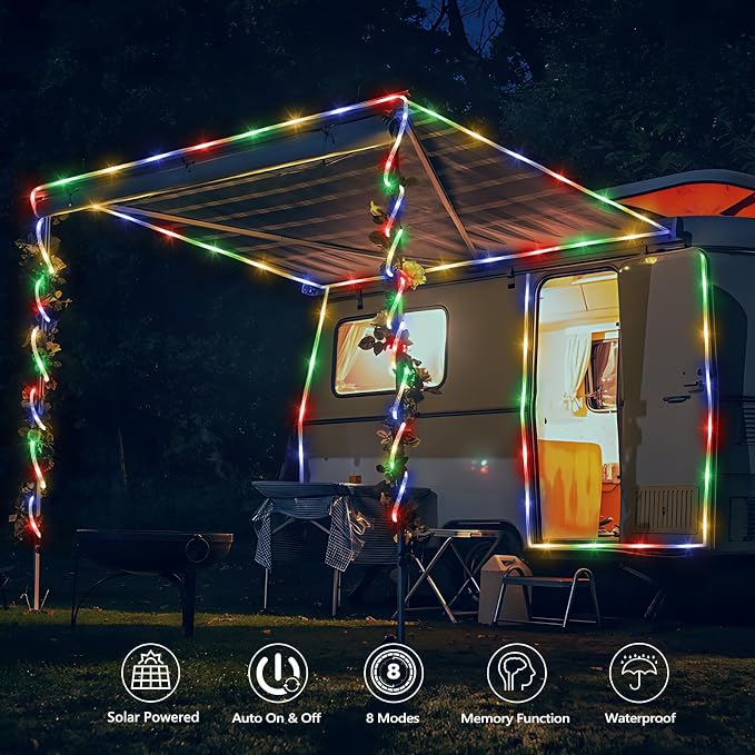 Solar Rope Lights, 2 Packs Total 132ft 400LED Solar String Lights, 8 Modes Waterproof Solar Outdoor Light, Flexible Clear Trampoline Light for Garden Backyard Patio Deck Pool Tree Decor - Multicolor