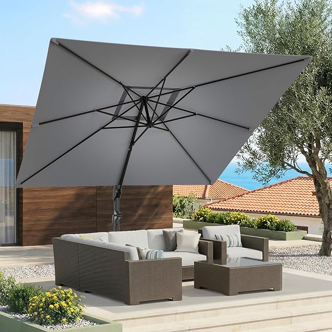 HOMSHADE 10x10 FT Cantilever Patio Umbrella Outdoor with Base- Large Offset Heavy-Duty Aluminum Umbrella with 360° Rotation, 6 Tilts, Windproof, 3-Year Fade Resistance for Pool Deck, Square, Grey