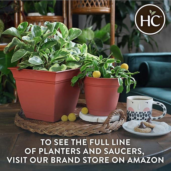 The HC Companies Eclipse Square Plastic Planter w/ Attached Saucer - Outdoor & Indoor Plant Pot with Drainage Holes - Lightweight, UV-Resistant Plastic Pots For Plants (12" Cottage Stone, Pack of 1)