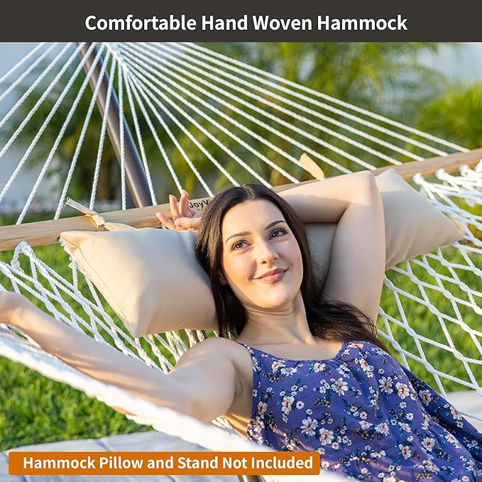JoyView Traditional Rope Double Hammock - Hand Woven Polyester Hammock with Hardwood Spreader Bar 450lb Capacity for Outdoor Indoor Patio Yard - White