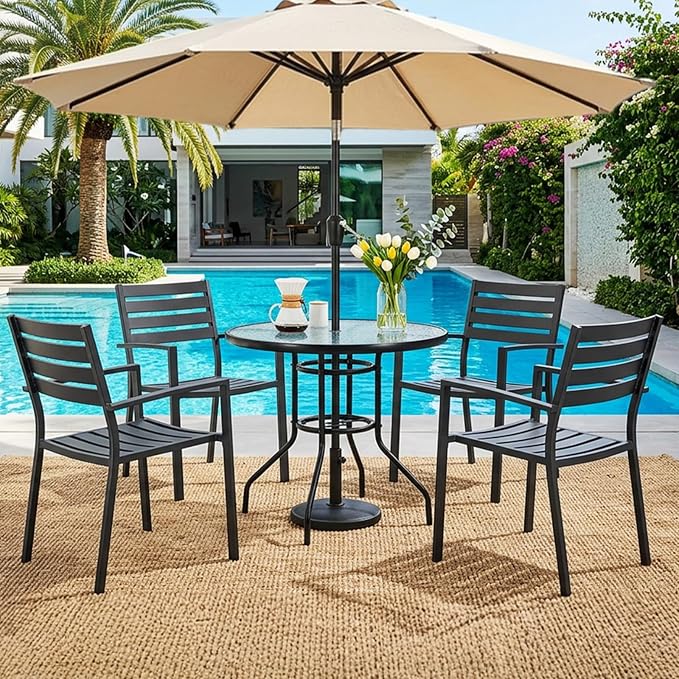 VINGLI Round Patio Table with Umbrella Hole, 32" Outdoor Dining Table Steel Tempered Glass Patio Tables Round Outdoor Tables for Balcony Garden Deck