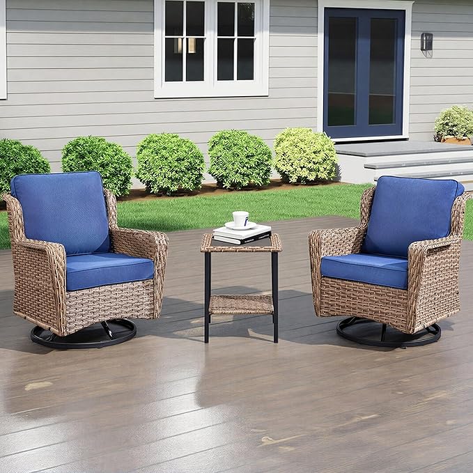 3 Piece Patio Furniture Set, Outdoor Wicker Swivel Chair Set with Side Table, All-Weather Cushioned Patio Conversation Set for Small Spaces, Porch, Balcony,Blue