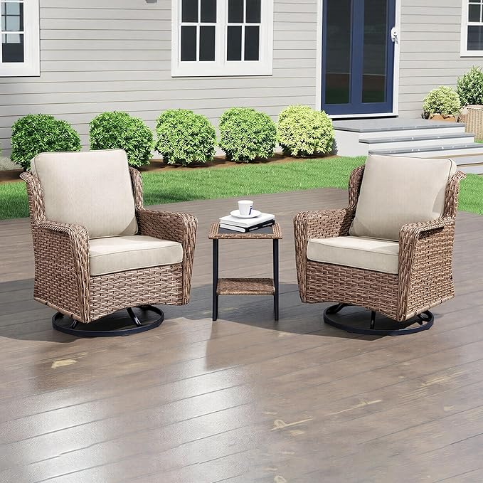 3 Piece Patio Furniture Set,Outdoor Wicker Swivel Chair Set with Side Table, All-Weather Cushioned Patio Conversation Set for Small Spaces, Porch, Balcony, Beige