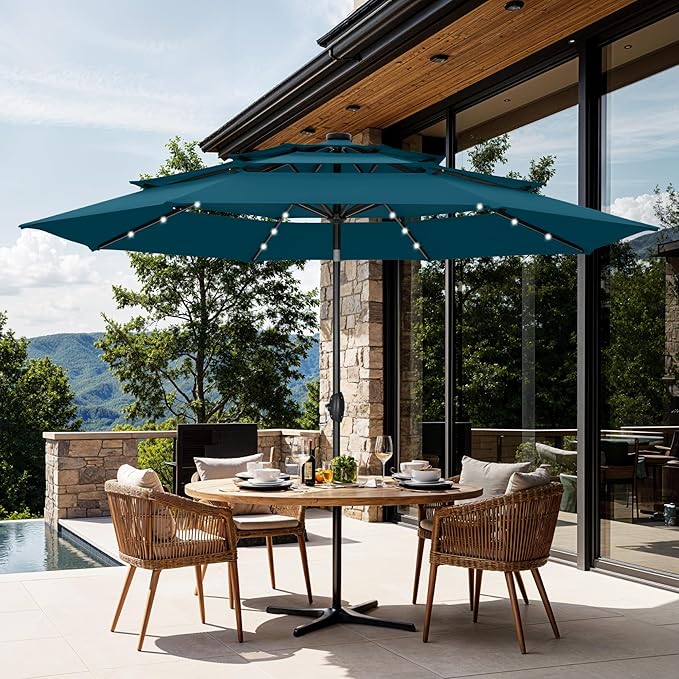 GREEN PARTY 10ft Patio Umbrella with Solar Lights, Auto-Tilt Lighted Market Table Umbrellas with Crank, 8 Sturdy Ribs & 1.5" Pole outdoor umbrellas for Patio Garden Deck Backyard Pool, Cerulean
