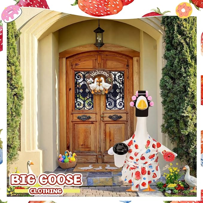 Shyyween Summer Lady Porch Goose Outfit for 23 Inch Cement Plastic Goose Statue Clothes Strawberry Blueberry Bathrobe Coffee Cup Curlers for Outdoor Decoration