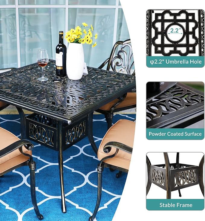 MEETWARM 5-Piece Outdoor Patio Dining Set, All-Weather Cast Aluminum Patio Conversation Set for Backyard Garden Deck with 4 Chairs, 4 Cushions and 35.4" Square Table, 2.2" Umbrella Hole