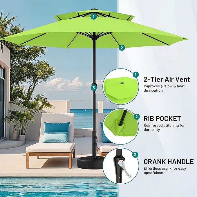 AreShark 11ft 2 Tiers Patio Umbrella - Outdoor Umbrella Waterproof UV Protection, Market Table Umbrella w/ 8 Sturdy Ribs&Crank for Pool, Porch, Garden(Apple Green)