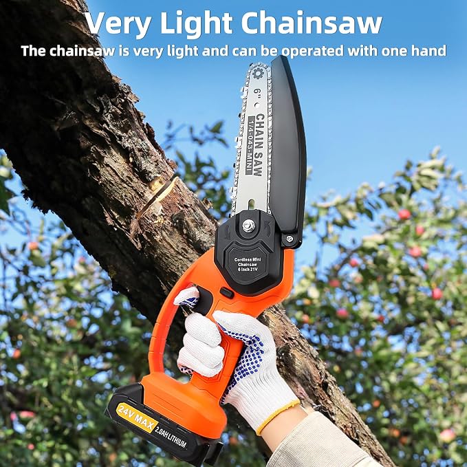 6-Inch Mini Cordless Chainsaw, Battery Powered Hand Held Electric Saw, High Speed Portable Saw for Tree Trimming, Branch Pruning, Wood & Soft Metal Cutting, Automatic Lubrication and Safety Protection
