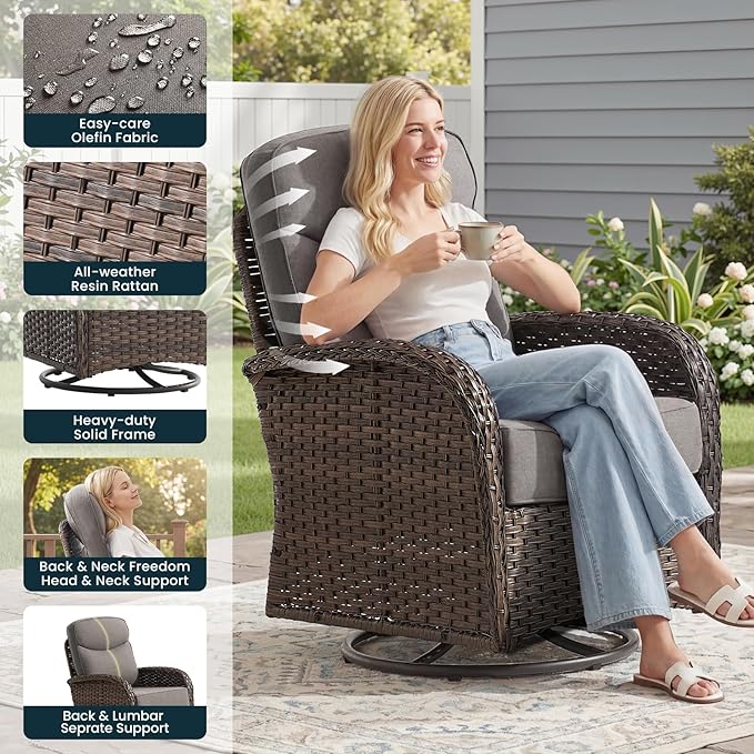 Luxury 6-Inch Cushion Outdoor Patio Furniture Set with Ottoman, Outdoor Swivel Rocker Patio Chairs with Side Table, Wicker Conversation Set for Deck Porch Garden Balcony and Poolside Gray
