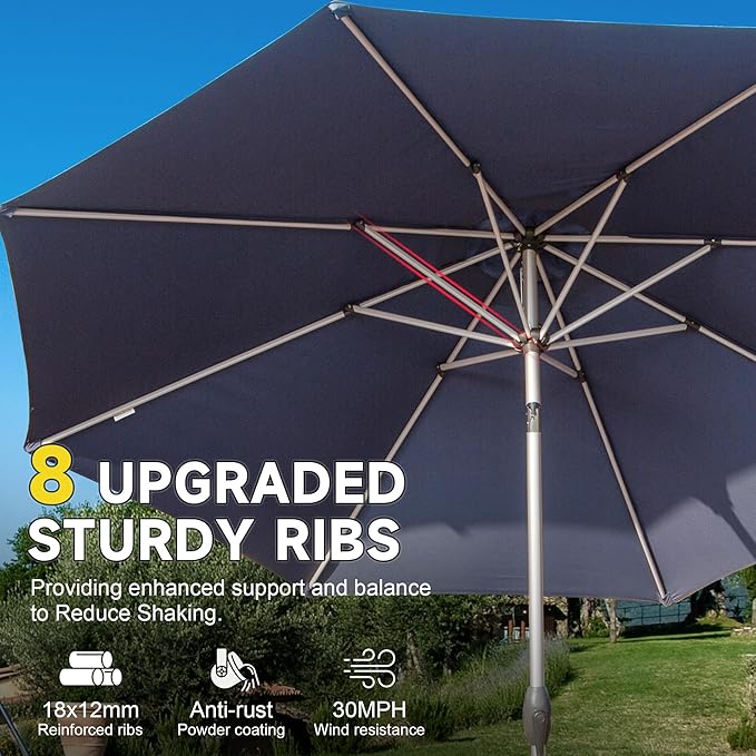 Domi 9FT Patio Umbrella Outdoor Market Umbrella with Silver Aluminum Pole, UV Resistant Canopy, Wind Vent, Tilt & Crank System, Perfect for Patio, Garden, Deck, Pool, Outdoor Dining, Navy Blue