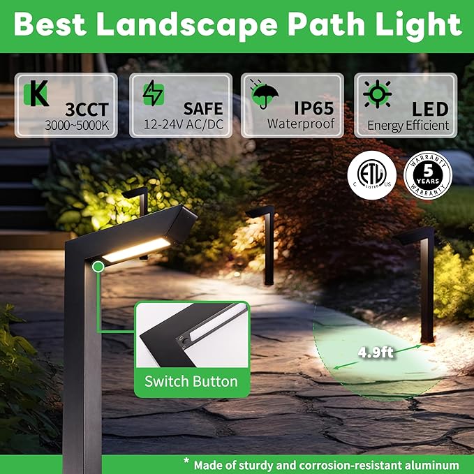 Low Voltage Pathway Lights, 3CCT LED Landscape Path Lights, Outdoor Waterproof IP65, Wired Black Aluminum L Shaped 5W 235LM for Sidewalk Step 4 Pack