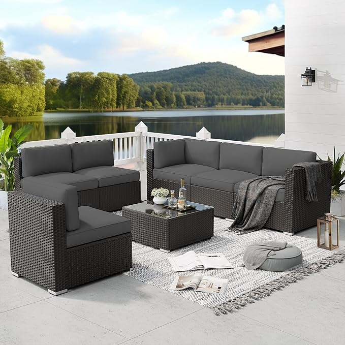 SUNCROWN 7-Piece Outdoor Patio Furniture Sofa Set All-Weather Black Wicker Sectional Conversation Set with Modern Glass Coffee Table and Cushions, Backyard, Garden, Poolside, Grey