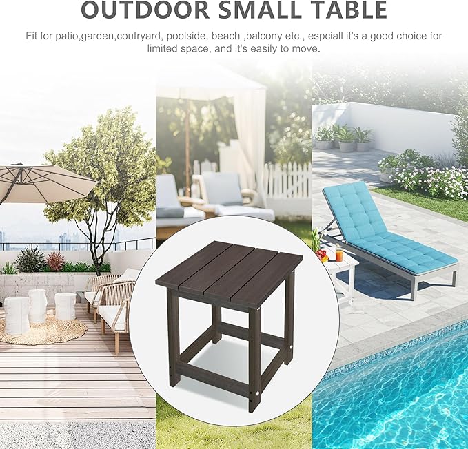 LZRS Patio End Table, Heavy Duty HDPE Outdoor Coffee Table with Wood Texture, Weatherproof Composite Table for Adirondack Chairs, Deck, Pool, Indoor/Outdoor, No Peeling or Cracking(Brown Mixture)