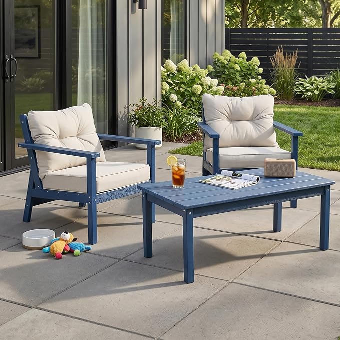 2 Seat HDPE Patio Conversation Set with Coffee Table, Outdoor Chairs Set | Water-Resistant Thick Cushion, HDPE All Weather, Wood-Grain, No Rot or Rust or Crack, UV Fade Shield, Easy-Clean for Outside