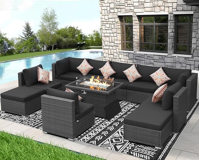 NICESOUL 11 Piece Outdoor Furniture Set with Firepit, Luxury Big 10-Person Patio Sectional, Chill 29.3'' High-Back Backyard Seating Area, All-Weather Rattan Couch Set for Outside, Deck, Dark Grey