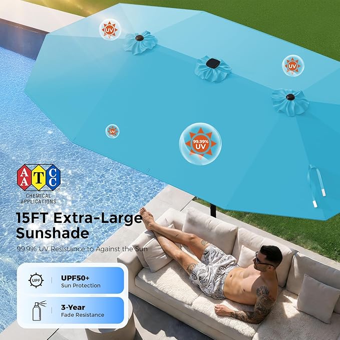 HOMSHADE 15FT Double Sided Umbrella with Light Bar and Base, Rectangle Oversized Patio Umbrellas, Extra Large Outdoor Table Umbrella for Pool, Patio, Garden (Light Blue)