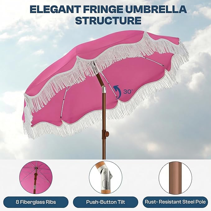 7ft Patio Umbrella with Fringe, Boho Beach Umbrellas, Outdoor Tassels Umbrellas with Push Button Tilt & Carrying Bag, 8 Windproof Fiberglass Ribs, UPF50+