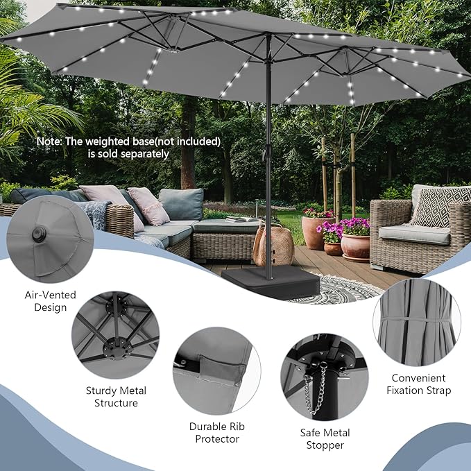 Tangkula 15 Ft Solar Patio Umbrella, Double-Sided Extra Large Outdoor Market Table Umbrella with 48 LED Lights, Crank Handle, 12 Sturdy Ribs for Poolside, Garden & Backyard (Gray)