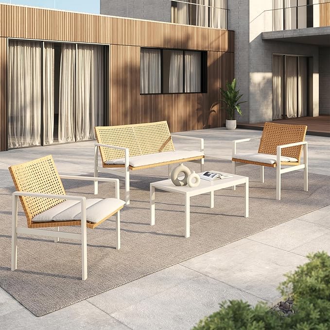 Grand patio 4-Piece Outdoor Furniture Set, Wicker Small Patio Set with Beige Seat Cushions, Outdoor Conversation Furniture with Coffee Table for Poolside, Backyard, Balcony, Porch
