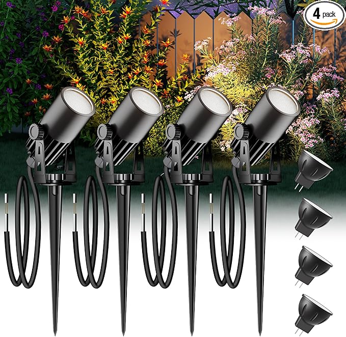 Outdoor Mini Spotlights, MR11 LED Bulb 12V Low Voltage Landscape Spotlight 2W 200lm, 2700K Warm White IP65 Waterproof Aluminum Light Fixture, 1 1/4" Short Head 4-Count