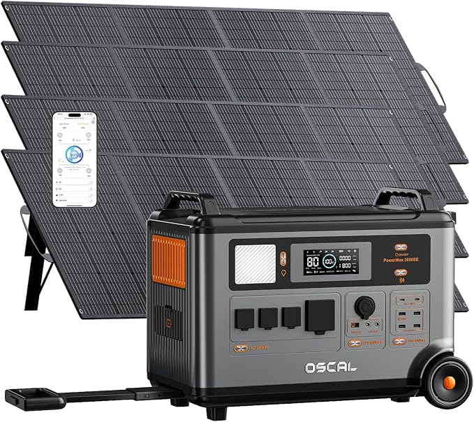 OSCAL 3600W Portable Solar Power Station with 4x200W Solar Panels, PowerMax 3600SE 3600Wh Solar Generator, 1800W AC/ 1600W Solar Fase Charging, LiFePO4 Battery Power Station for Home, RV, Emergencies