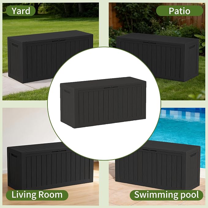 85 Gallon Outdoor Storage Box Waterproof, Large Deck Box Durable Resin Storage Bin with Lid for Patio Furniture Cushions Garden Tools (Black, 85 Gallon)