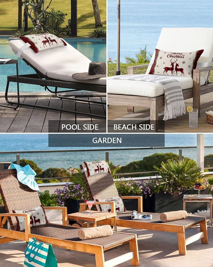 Outdoor Pillows Covers with Inserts Christmas Red and Black Buffalo Plaid Elk Waterproof Recliner Pillow with Adjustable Strap Throw Pillows for Patio Furniture Pool Lounge Chair, 11x16 inch, 1PCS