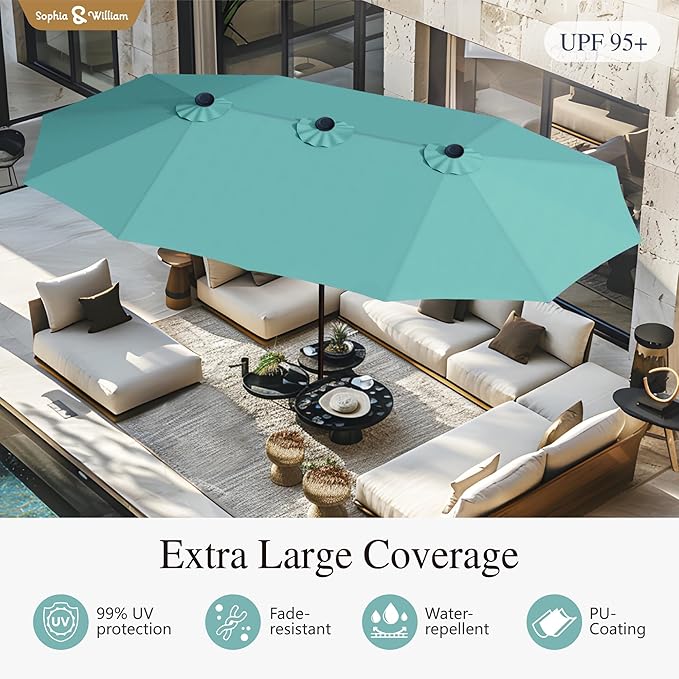Sophia & William 15 ft Extra Large Patio Umbrella with Base Included, Rectangular Outdoor Umbrella Heavy Duty, Market Umbrella Double-sided Fade Resistant for Pool Garden Backyard, Turquoise