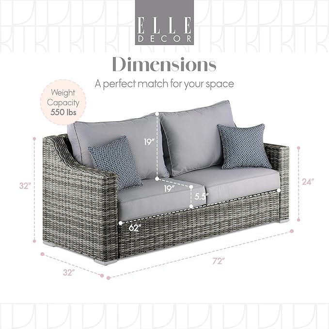 Elle Decor Vallauris Patio Outdoor Furniture Collection, Premium All Weather Wicker, Sofa, Gray